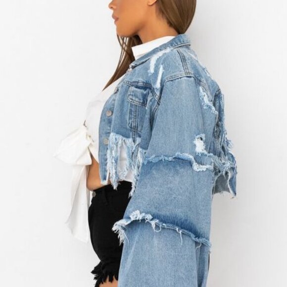 PLUS PATCHWORK ULTRA  CROPPED BELL SLEEVE DENIM JACKET - Picture 5 of 7